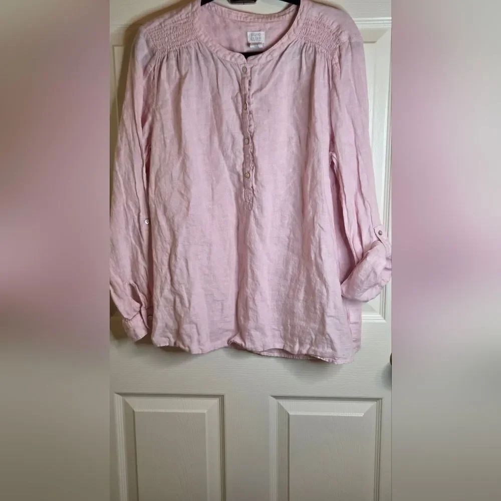 Sigrid Olsen XL Dusty Pink 100% LINEN Roll tabSlve 1/4 Buttons Front Women Top